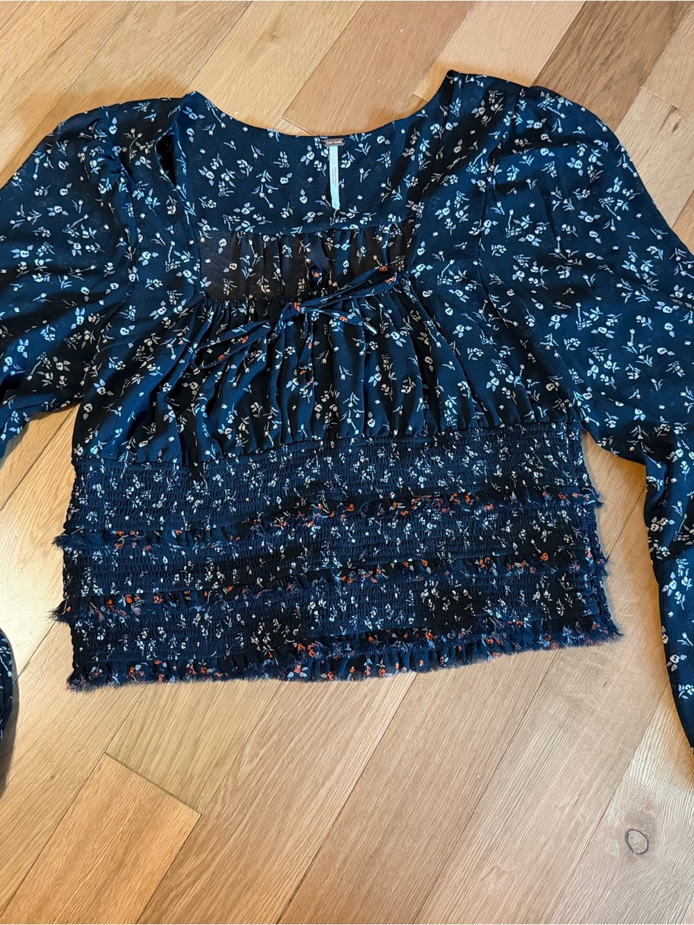 Free People Floral Smocked Peasant Crop Blouse Size large